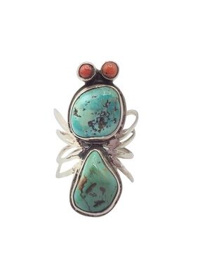 Spider Southwestern Ring Turquoise Coral Sterling Silver, Size 12.5 US, Firm